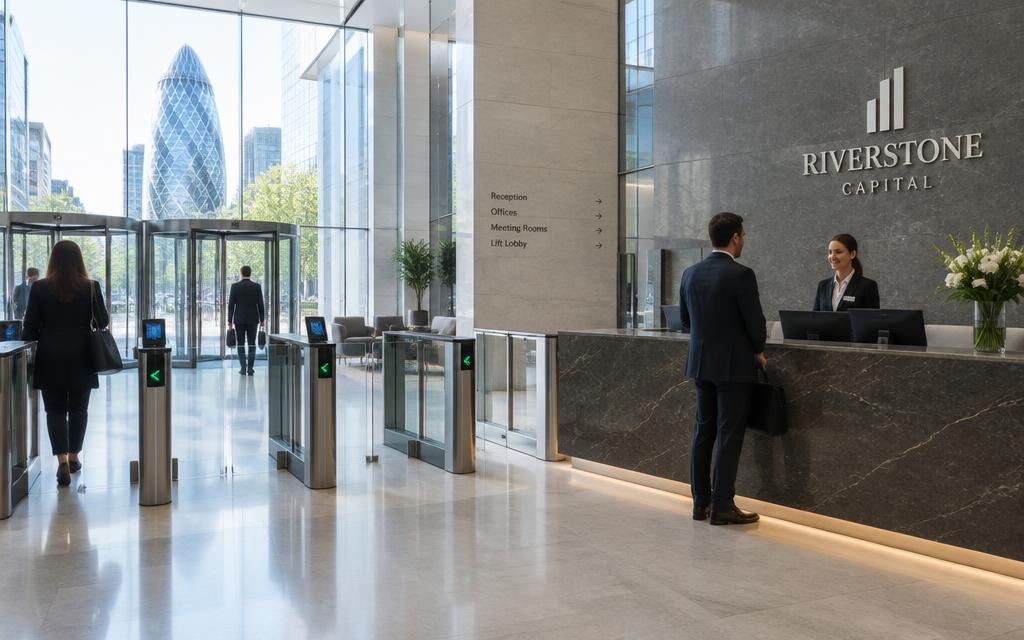 Corporate headquarters reception with concierge desk and access gates