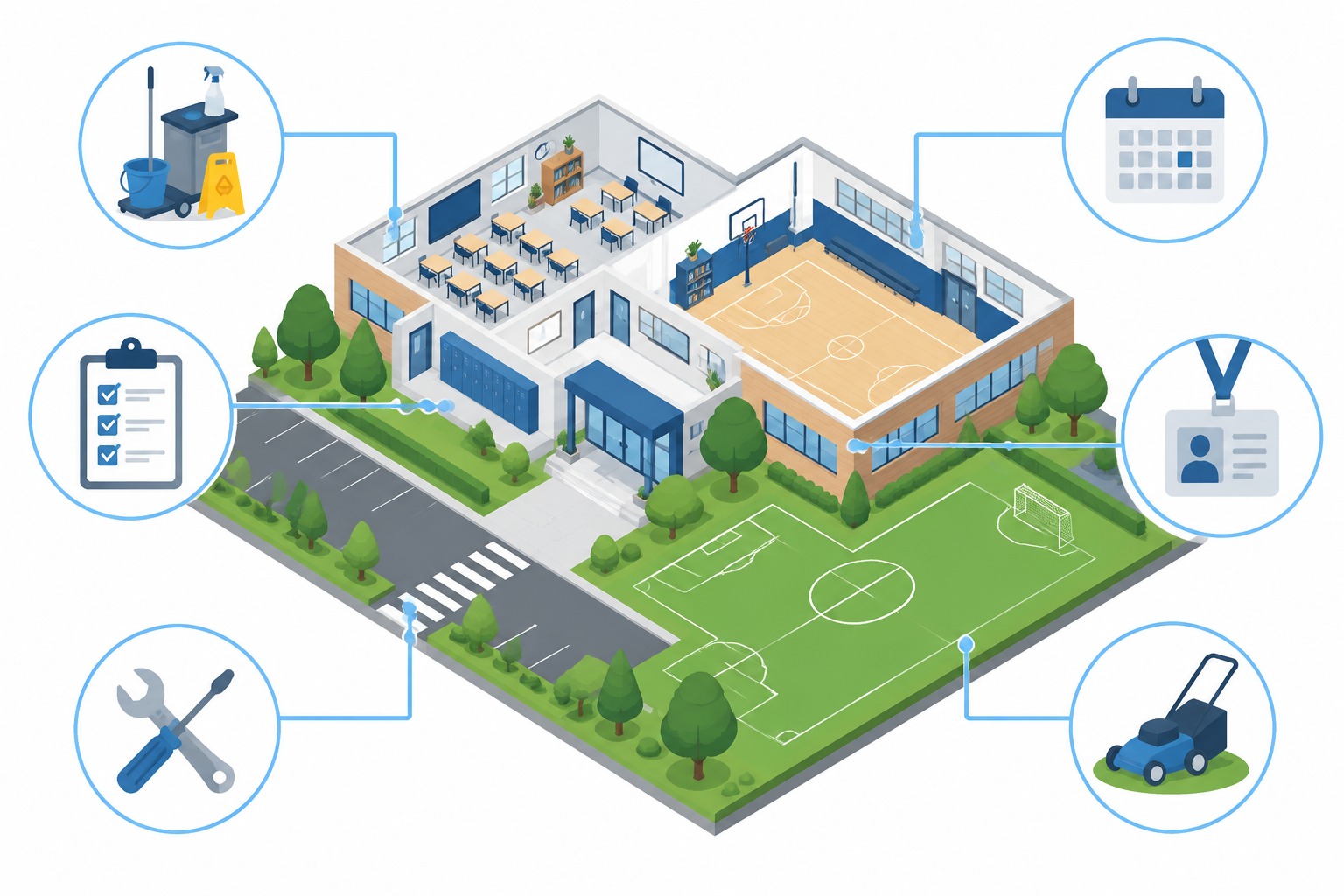 Illustration of a cutaway school building with cleaning, term planning, visitor control, grounds and maintenance connected to it