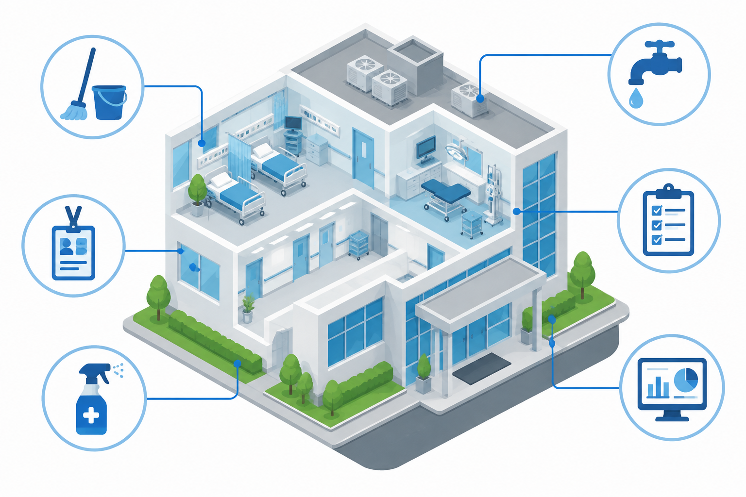 Illustration of a cutaway hospital building with cleaning, water hygiene, access control, compliance and reporting connected to it