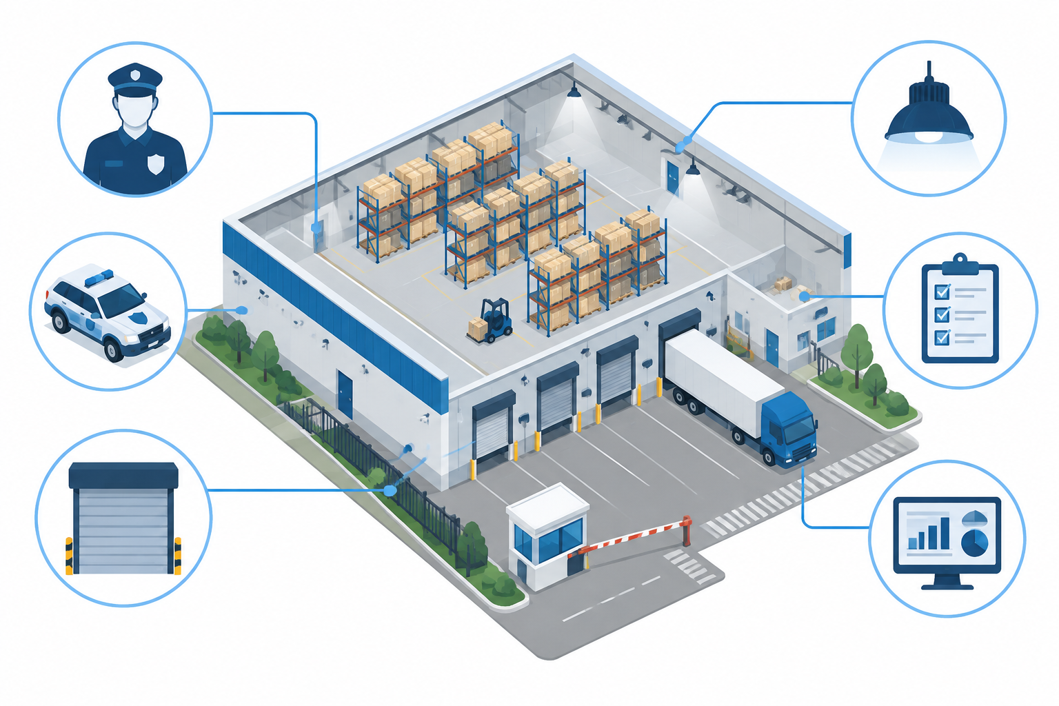 Illustration of a cutaway distribution centre with guarding, patrols, doors, lighting, compliance and reporting connected to it