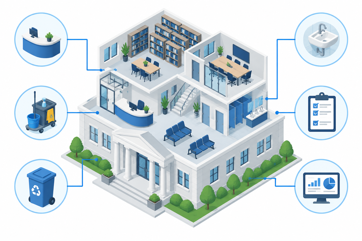 Illustration of a cutaway civic building with reception, washrooms, cleaning, compliance, recycling and reporting connected to it