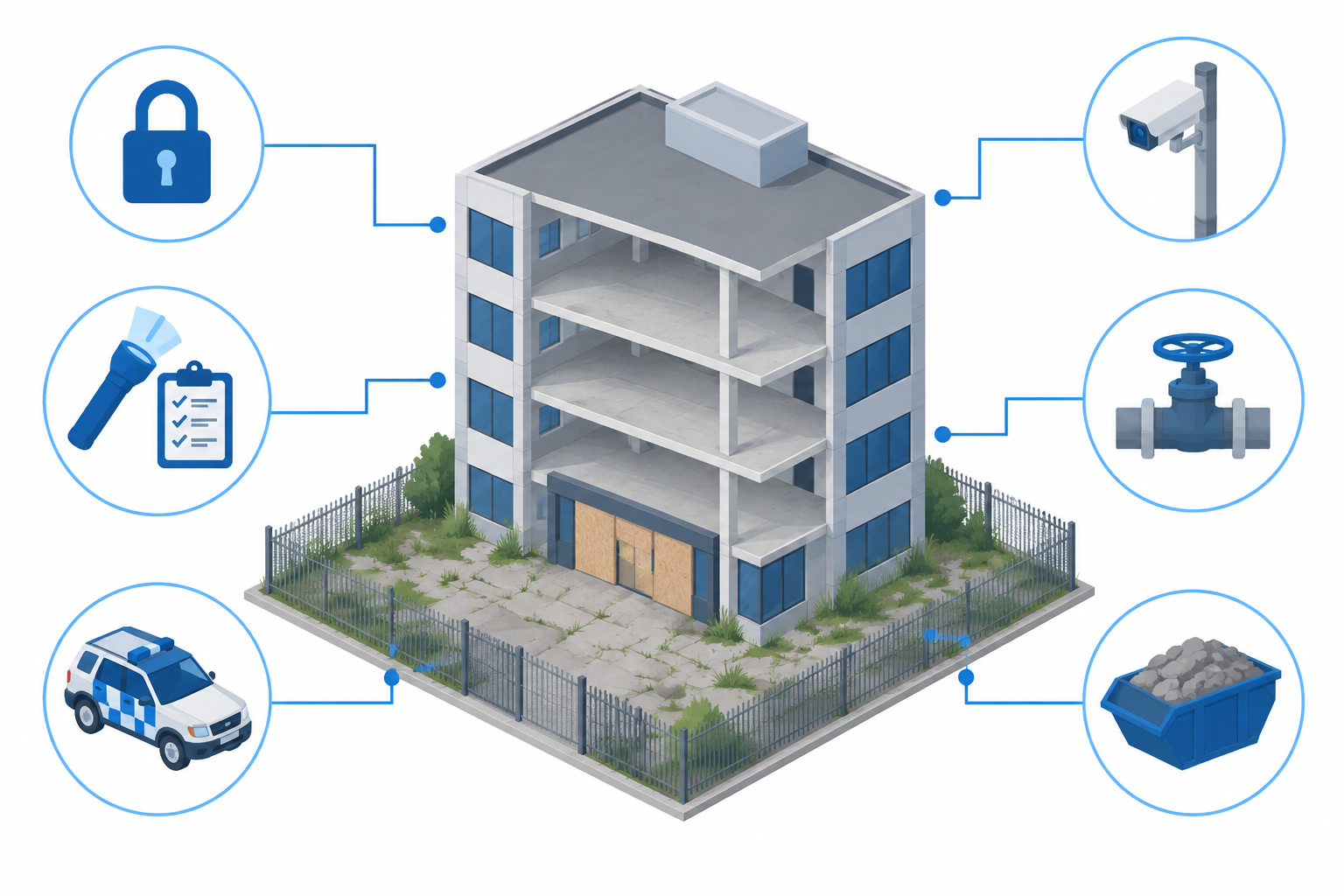 Illustration of an empty building with locks, inspections, patrols, utilities isolation, waste clearance and cameras connected to it